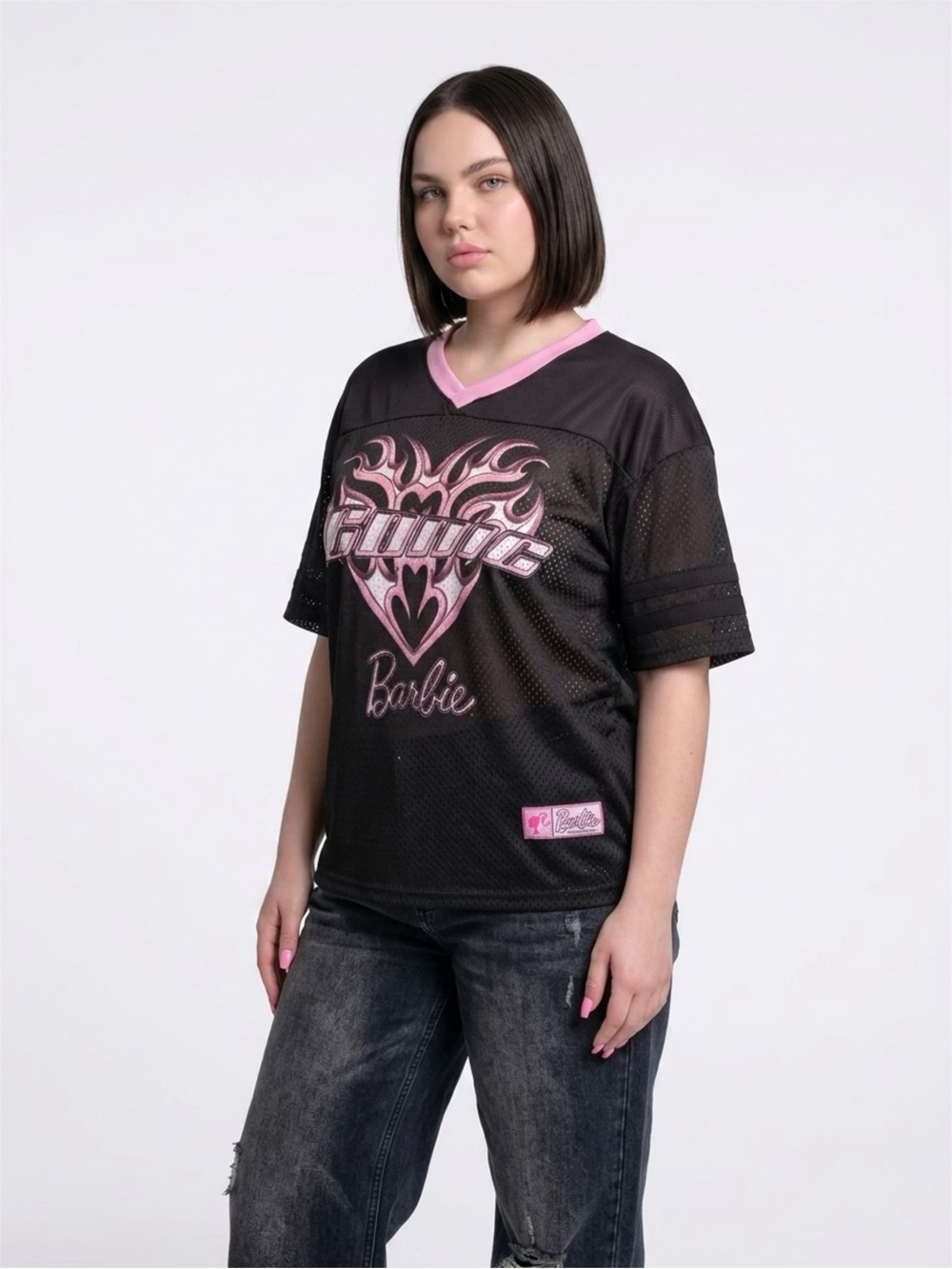 Barbie Black and Pink Mesh Graphic Jersey Top